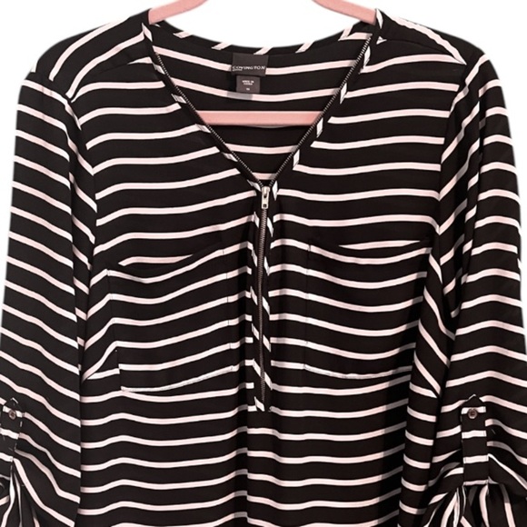 Covington Semi-sheer Striped Tunic Top Blouse 1/2 Zip Tab Sleeves 1X Plus Size - Picture 7 of 7